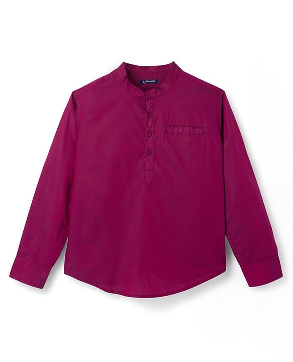 Pine Kids Cotton Woven Full Sleeves Mandarin Collar Solid Colour Shirt - Maroon