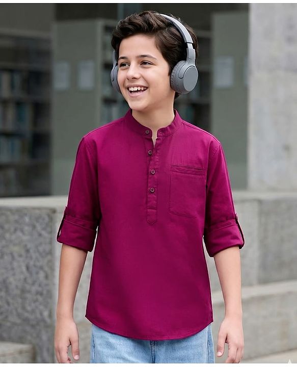 Pine Kids Cotton Woven Full Sleeves Mandarin Collar Solid Colour Shirt - Maroon