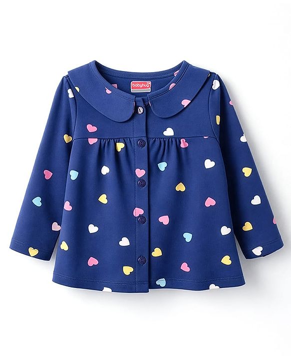 Babyhug Cotton Knit Full Sleeves Co-ord Night Suit With Heart Print - Navy Blue