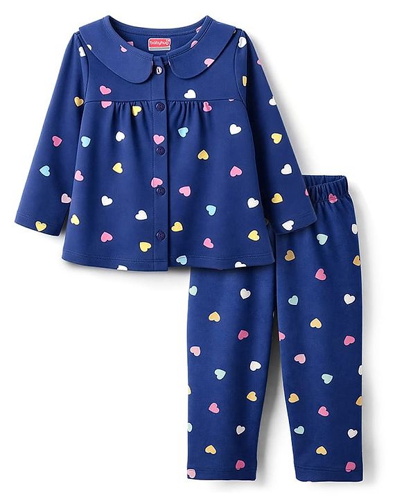 Babyhug Cotton Knit Full Sleeves Co-ord Night Suit With Heart Print - Navy Blue
