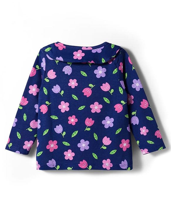Babyhug Cotton Knit Full Sleeves Co-ord Night Suit With Floral Print - Navy Blue