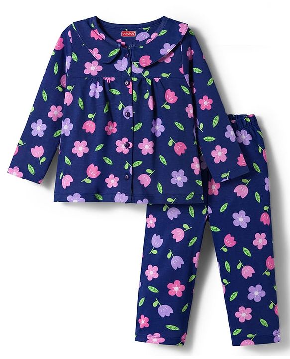 Babyhug Cotton Knit Full Sleeves Co-ord Night Suit With Floral Print - Navy Blue