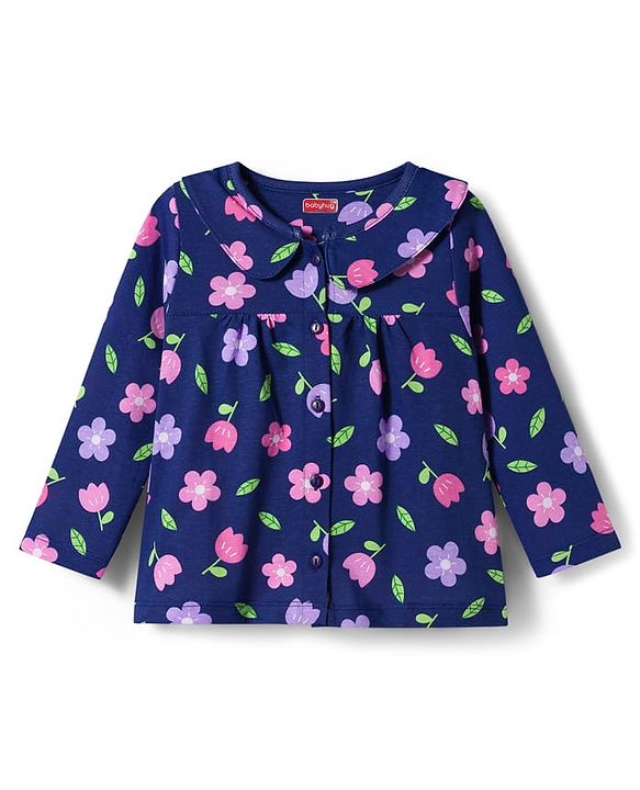 Babyhug Cotton Knit Full Sleeves Co-ord Night Suit With Floral Print - Navy Blue