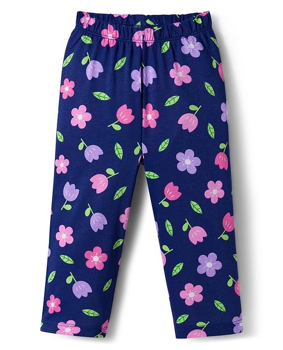 Babyhug Cotton Knit Full Sleeves Co-ord Night Suit With Floral Print - Navy Blue