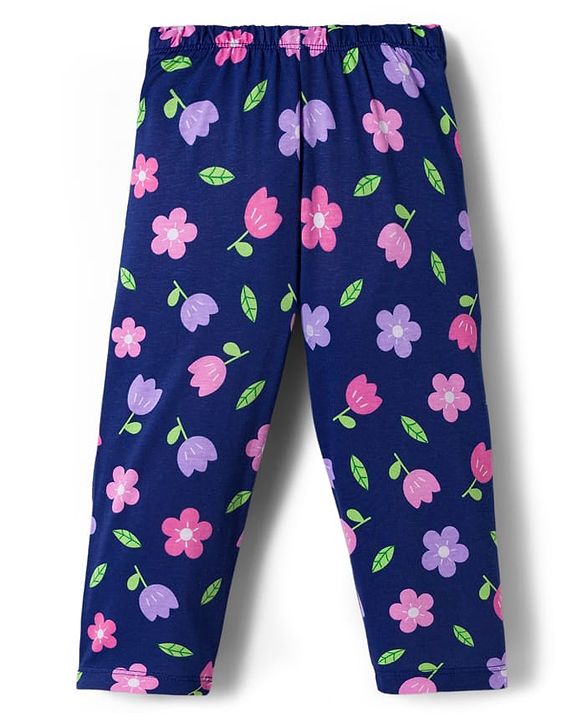 Babyhug Cotton Knit Full Sleeves Co-ord Night Suit With Floral Print - Navy Blue