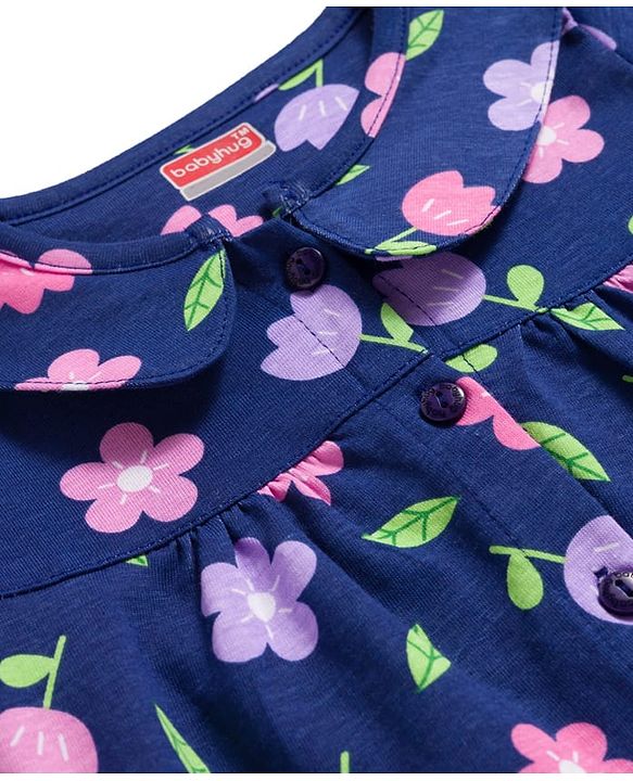 Babyhug Cotton Knit Full Sleeves Co-ord Night Suit With Floral Print - Navy Blue