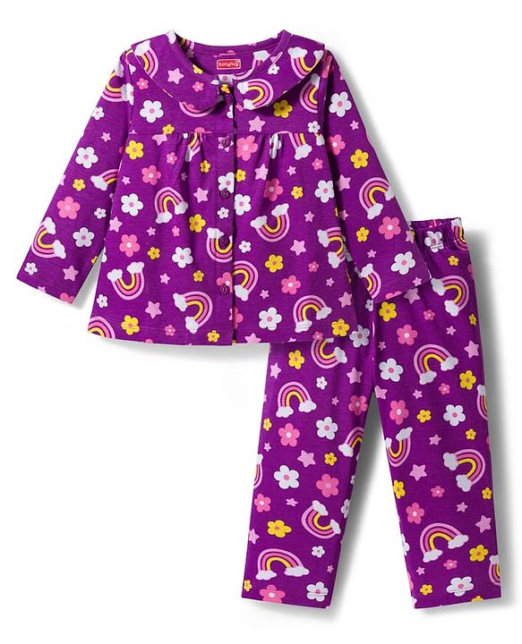 Babyhug Cotton Knit Full Sleeves Co-ord Night Suit With Rainbow & Floral Print - Purple