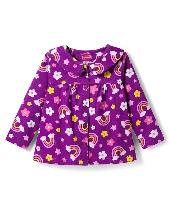 Babyhug Cotton Knit Full Sleeves Co-ord Night Suit With Rainbow & Floral Print - Purple