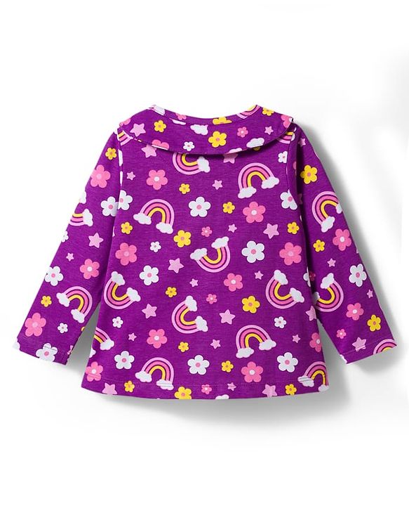 Babyhug Cotton Knit Full Sleeves Co-ord Night Suit With Rainbow & Floral Print - Purple