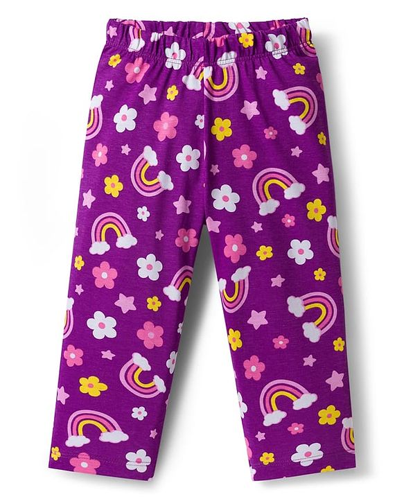 Babyhug Cotton Knit Full Sleeves Co-ord Night Suit With Rainbow & Floral Print - Purple