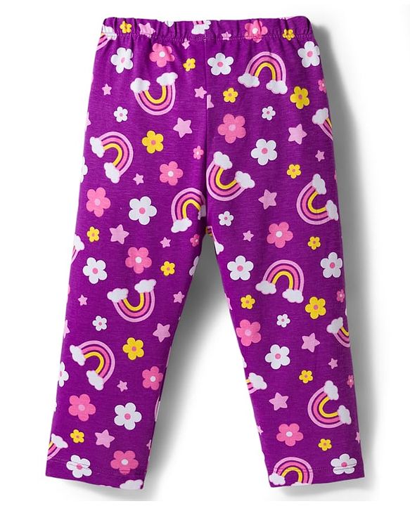Babyhug Cotton Knit Full Sleeves Co-ord Night Suit With Rainbow & Floral Print - Purple