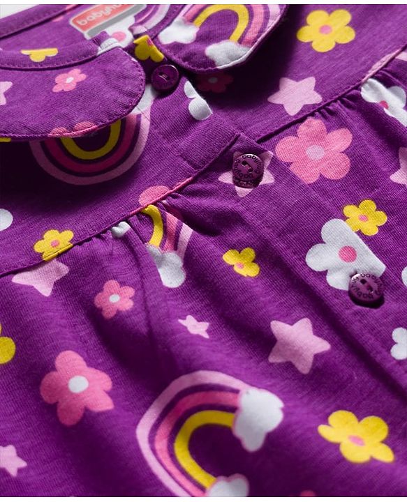 Babyhug Cotton Knit Full Sleeves Co-ord Night Suit With Rainbow & Floral Print - Purple
