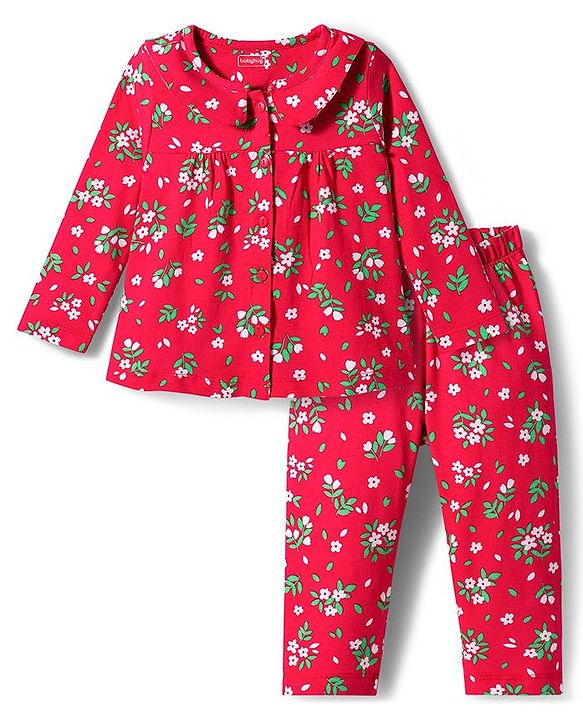 Babyhug Cotton Knit Full Sleeves Co-ord Night Suit With Floral Print - Red