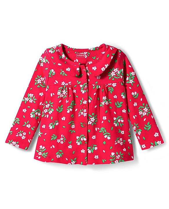 Babyhug Cotton Knit Full Sleeves Co-ord Night Suit With Floral Print - Red