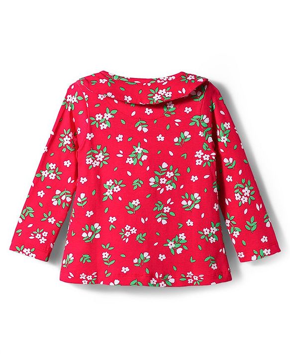 Babyhug Cotton Knit Full Sleeves Co-ord Night Suit With Floral Print - Red