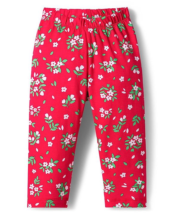 Babyhug Cotton Knit Full Sleeves Co-ord Night Suit With Floral Print - Red