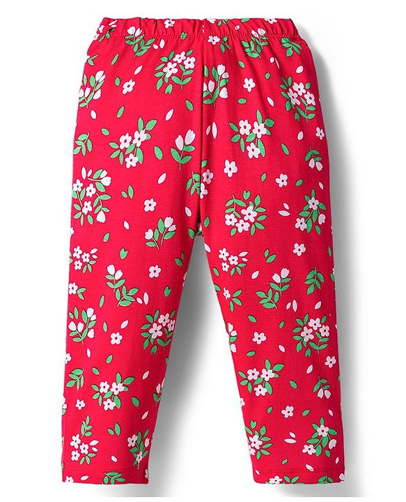 Babyhug Cotton Knit Full Sleeves Co-ord Night Suit With Floral Print - Red