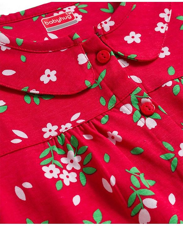 Babyhug Cotton Knit Full Sleeves Co-ord Night Suit With Floral Print - Red