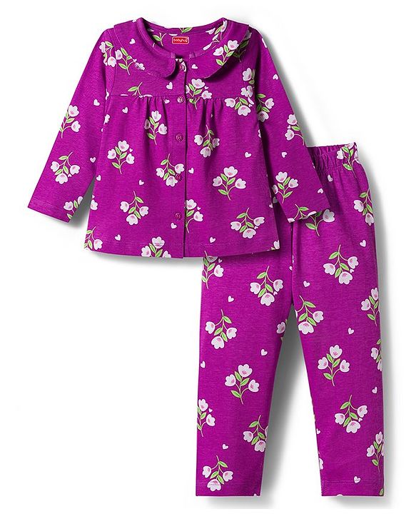 Babyhug Cotton Knit Full Sleeves Co-ord Night Suit With Floral Print - Purple