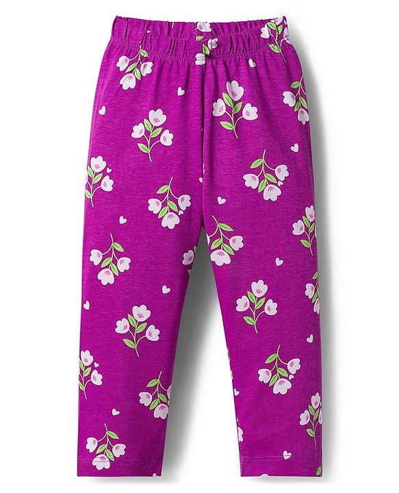 Babyhug Cotton Knit Full Sleeves Co-ord Night Suit With Floral Print - Purple