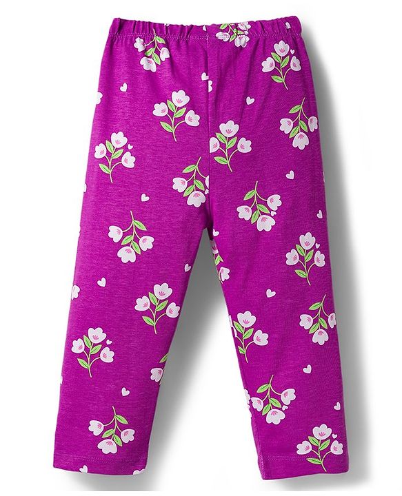 Babyhug Cotton Knit Full Sleeves Co-ord Night Suit With Floral Print - Purple