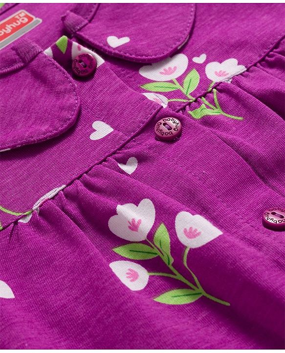 Babyhug Cotton Knit Full Sleeves Co-ord Night Suit With Floral Print - Purple