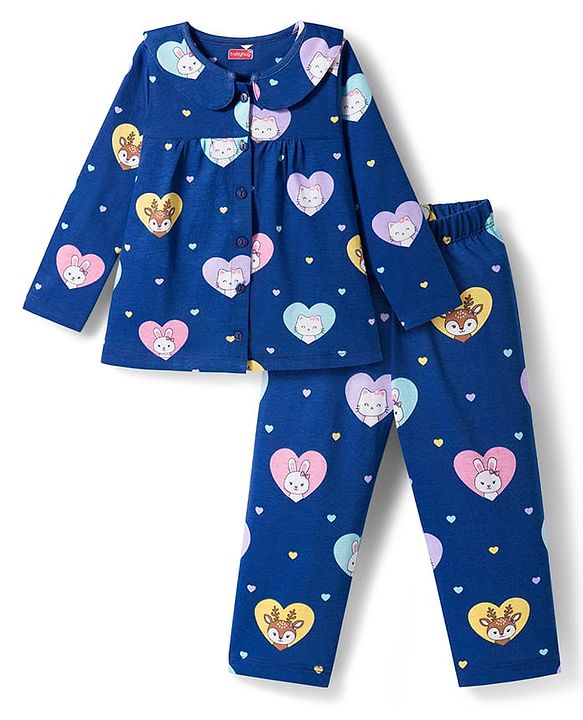 Babyhug Cotton Knit Full Sleeves Co-ord Night Suit With Kitty & Heart Print - Navy Blue
