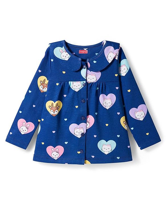 Babyhug Cotton Knit Full Sleeves Co-ord Night Suit With Kitty & Heart Print - Navy Blue