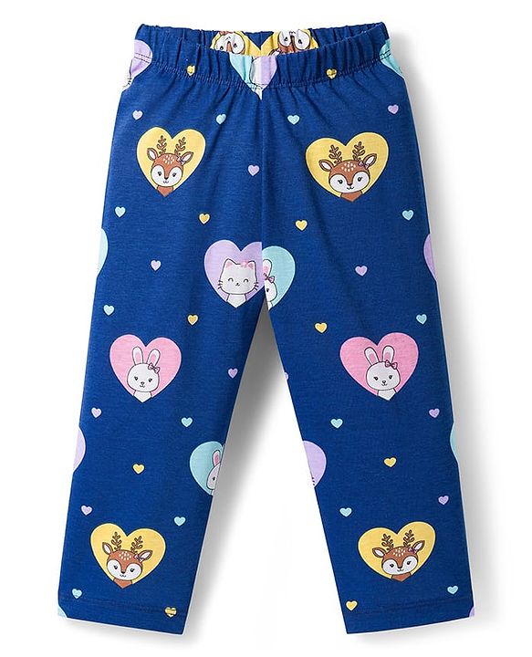 Babyhug Cotton Knit Full Sleeves Co-ord Night Suit With Kitty & Heart Print - Navy Blue