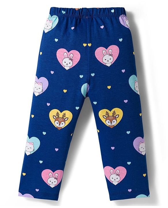 Babyhug Cotton Knit Full Sleeves Co-ord Night Suit With Kitty & Heart Print - Navy Blue