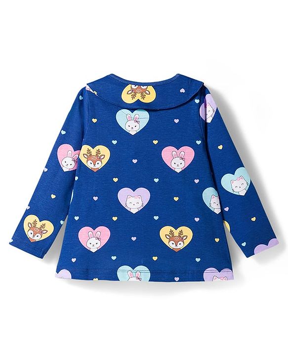 Babyhug Cotton Knit Full Sleeves Co-ord Night Suit With Kitty & Heart Print - Navy Blue