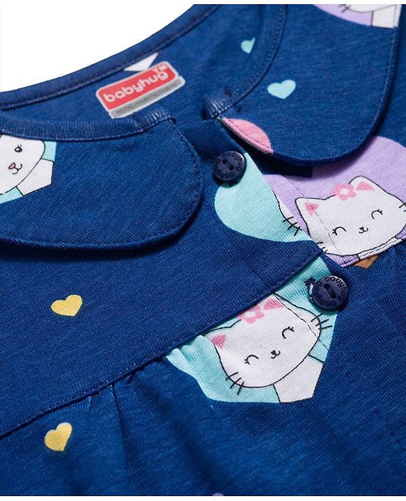 Babyhug Cotton Knit Full Sleeves Co-ord Night Suit With Kitty & Heart Print - Navy Blue