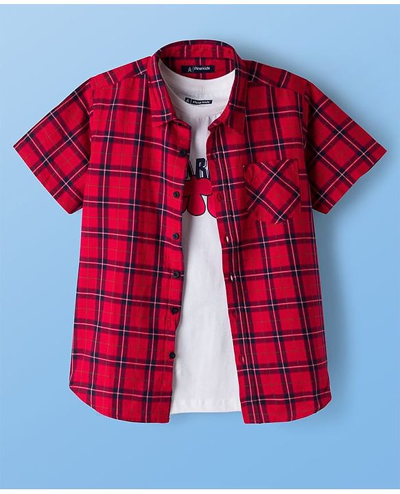 Pine Kids 100% Cotton Woven Half Sleeves Checks Sleeves With Sleeveless Tank T-Shirt With Text Print - Red