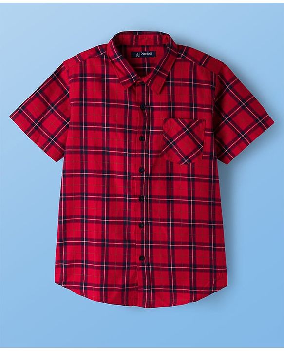Pine Kids 100% Cotton Woven Half Sleeves Checks Sleeves With Sleeveless Tank T-Shirt With Text Print - Red