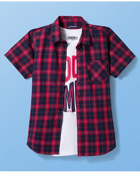 Pine Kids Cotton Woven Half Sleeves Checkered Shirt with Inner Tee - Red