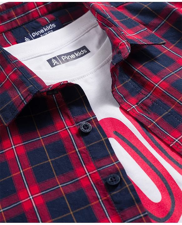 Pine Kids Cotton Woven Half Sleeves Checkered Shirt with Inner Tee - Red