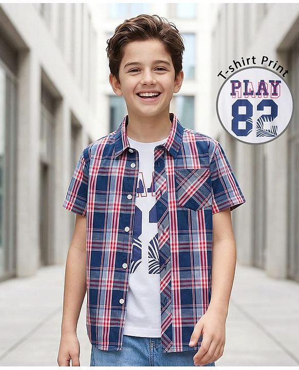 Pine Kids Cotton Woven Half Sleeves Checkered Shirt With T-Shirt - Multicolour