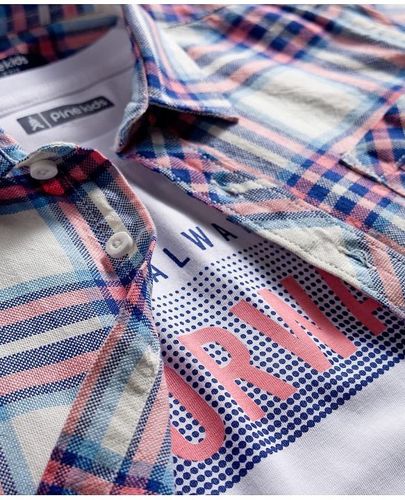 Pine Kids Cotton Woven Half Sleeves Checks Shirt With T-Shirt  - Multicolour