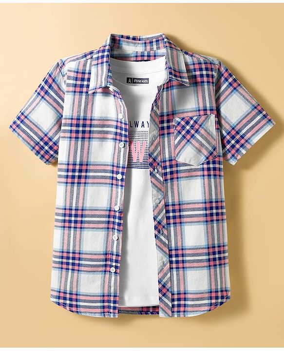 Pine Kids Cotton Woven Half Sleeves Checks Shirt With T-Shirt  - Multicolour
