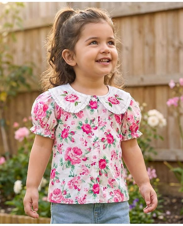 Babyhug Cotton Woven Half Sleeves Top With Floral Print - White