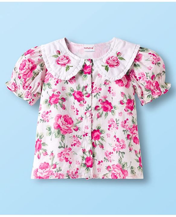 Babyhug Cotton Woven Half Sleeves Top With Floral Print - White