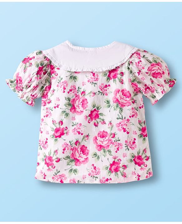 Babyhug Cotton Woven Half Sleeves Top With Floral Print - White