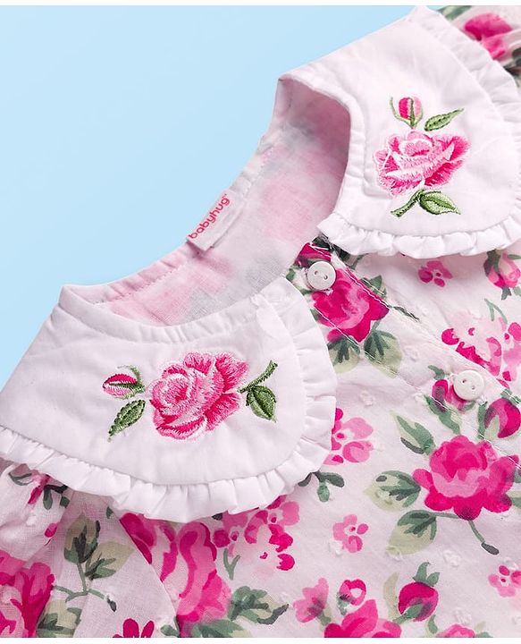 Babyhug Cotton Woven Half Sleeves Top With Floral Print - White