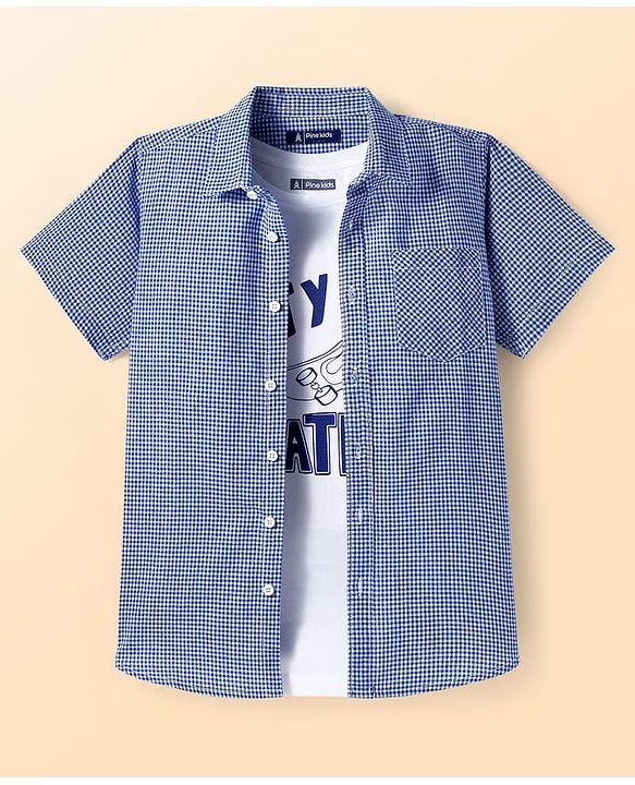 Pine Kids Cotton Woven Half Sleeves Checks Shirt With Inner Tee - Blue