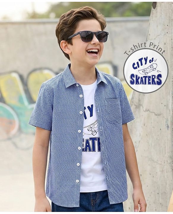 Pine Kids Cotton Woven Half Sleeves Checks Shirt With Inner Tee - Blue