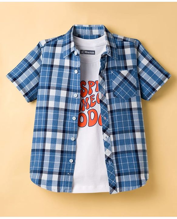 Pine Kids Cotton Woven Half Sleeves Checks Shirt With Printed Inner Tee - Blue