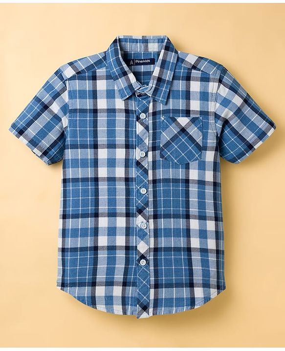 Pine Kids Cotton Woven Half Sleeves Checks Shirt With Printed Inner Tee - Blue