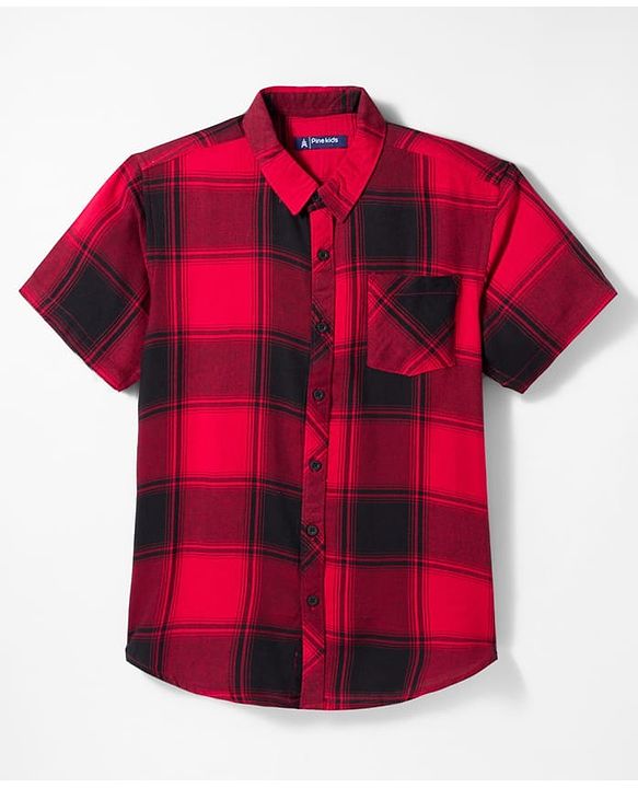 Pine Kids Cotton Woven Half Sleeves Checks Shirt With Text Printed T-Shirt - Red