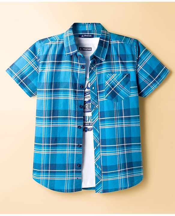 Pine Kids Cotton Woven Half Sleeves Checks Shirt With T-Shirt - Blue