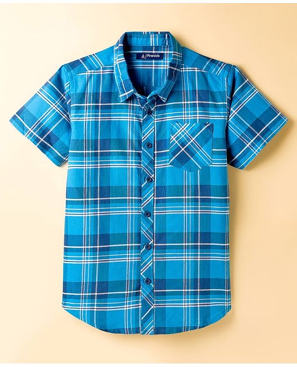 Pine Kids Cotton Woven Half Sleeves Checks Shirt With T-Shirt - Blue